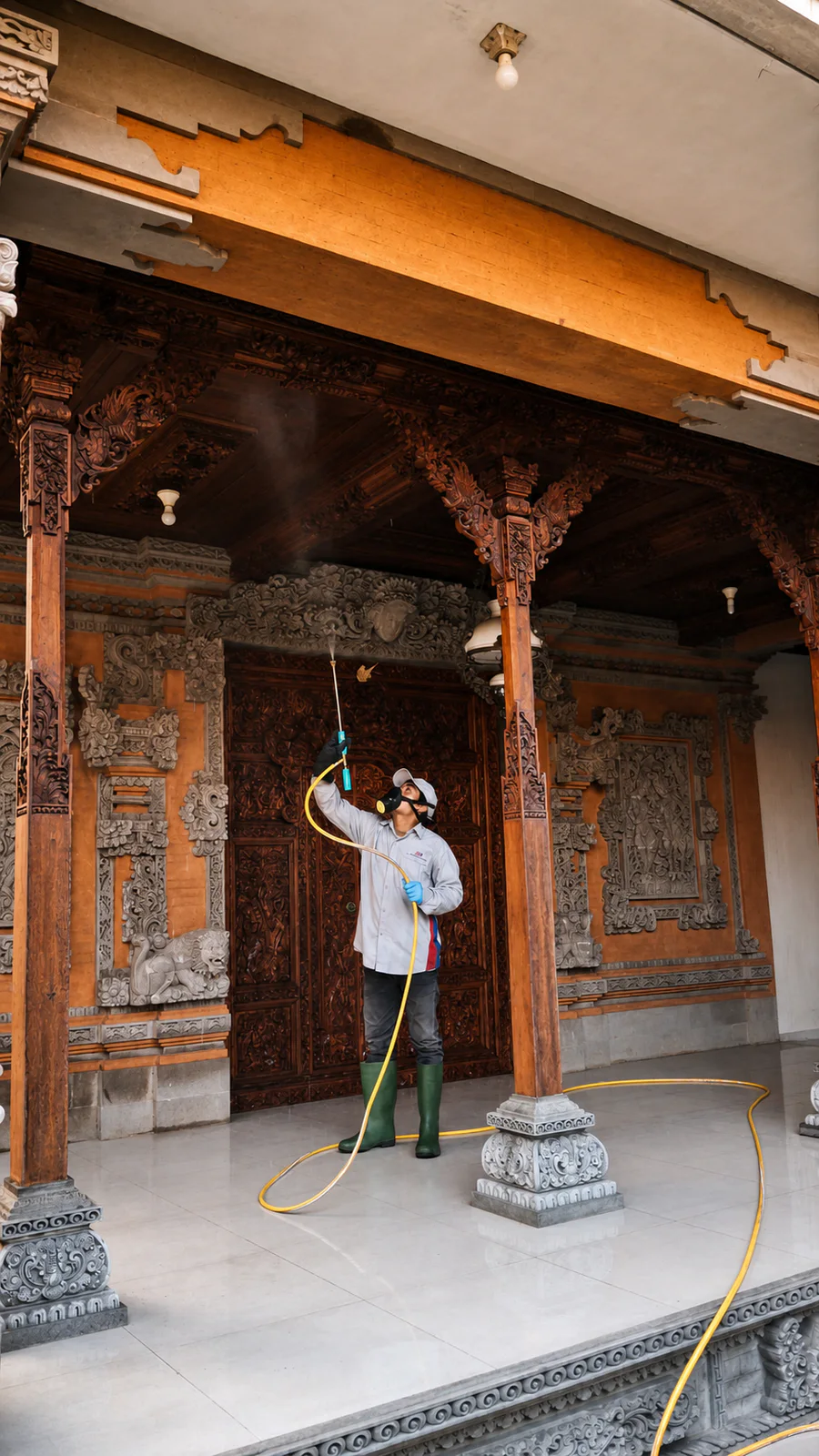 DTA technician treating the detailed timber ceiling of a Balinese property