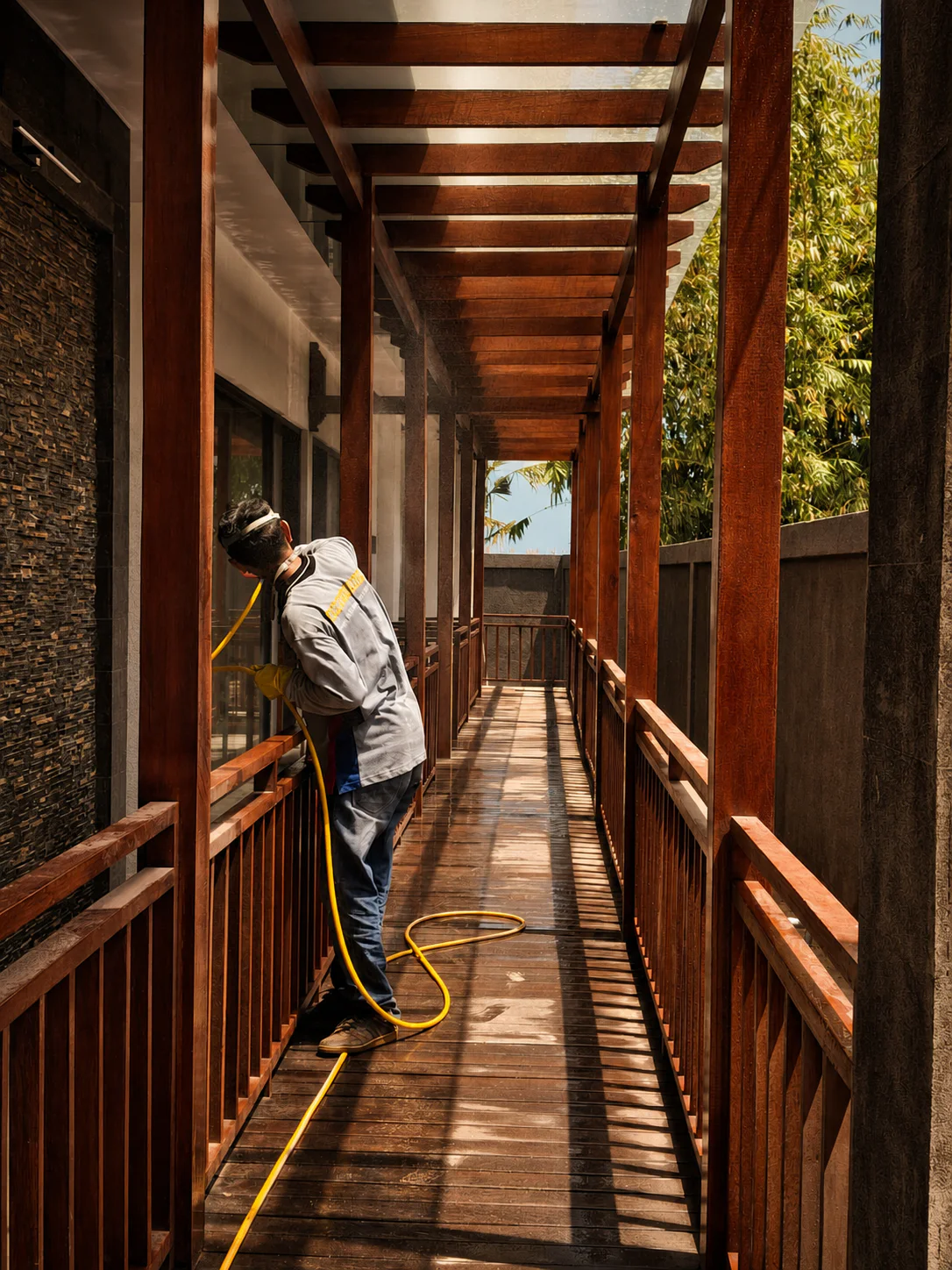 DTA technician completing treatment along a timber villa corridor