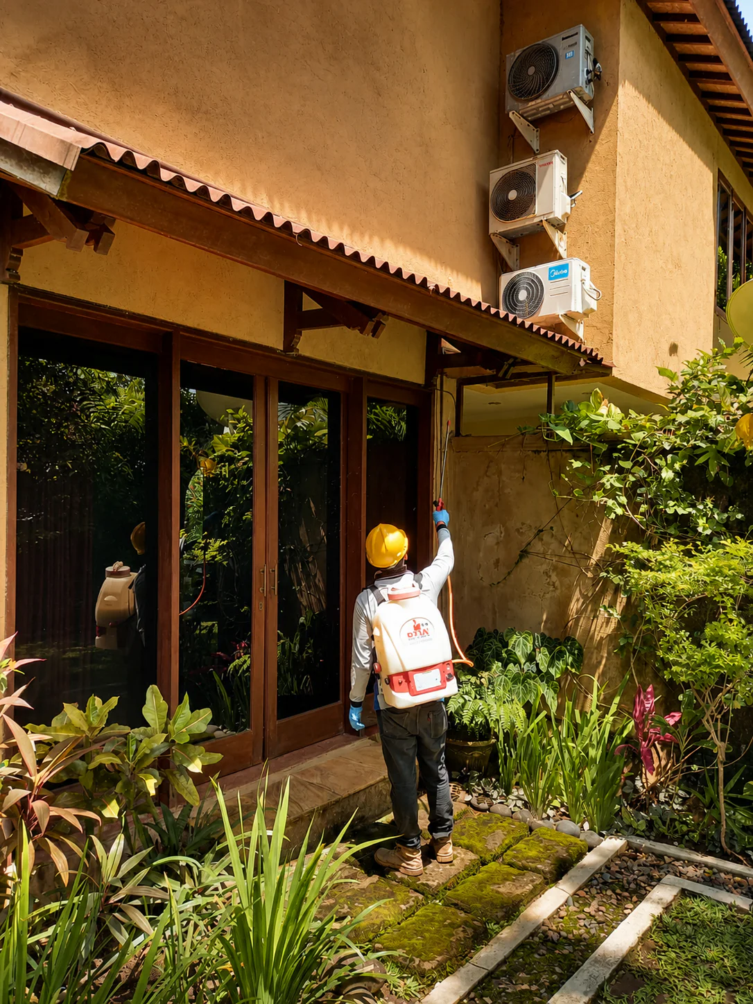 DTA technician treating a tropical garden beside a Bali residence
