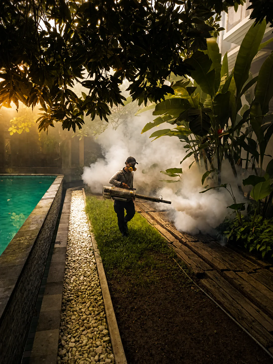 DTA technician carrying out mosquito fogging beside a tropical villa pool