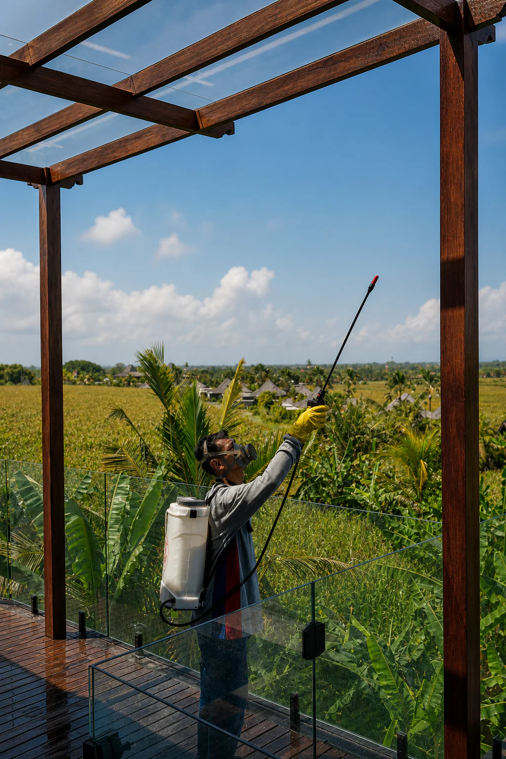 DTA technician treating a villa terrace overlooking the Bali landscape