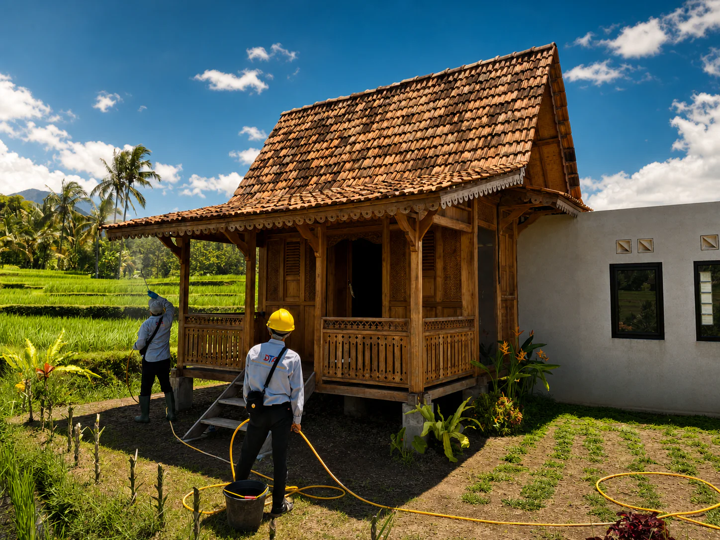Two DTA technicians treating a traditional timber pavilion beside rice fields in Bali